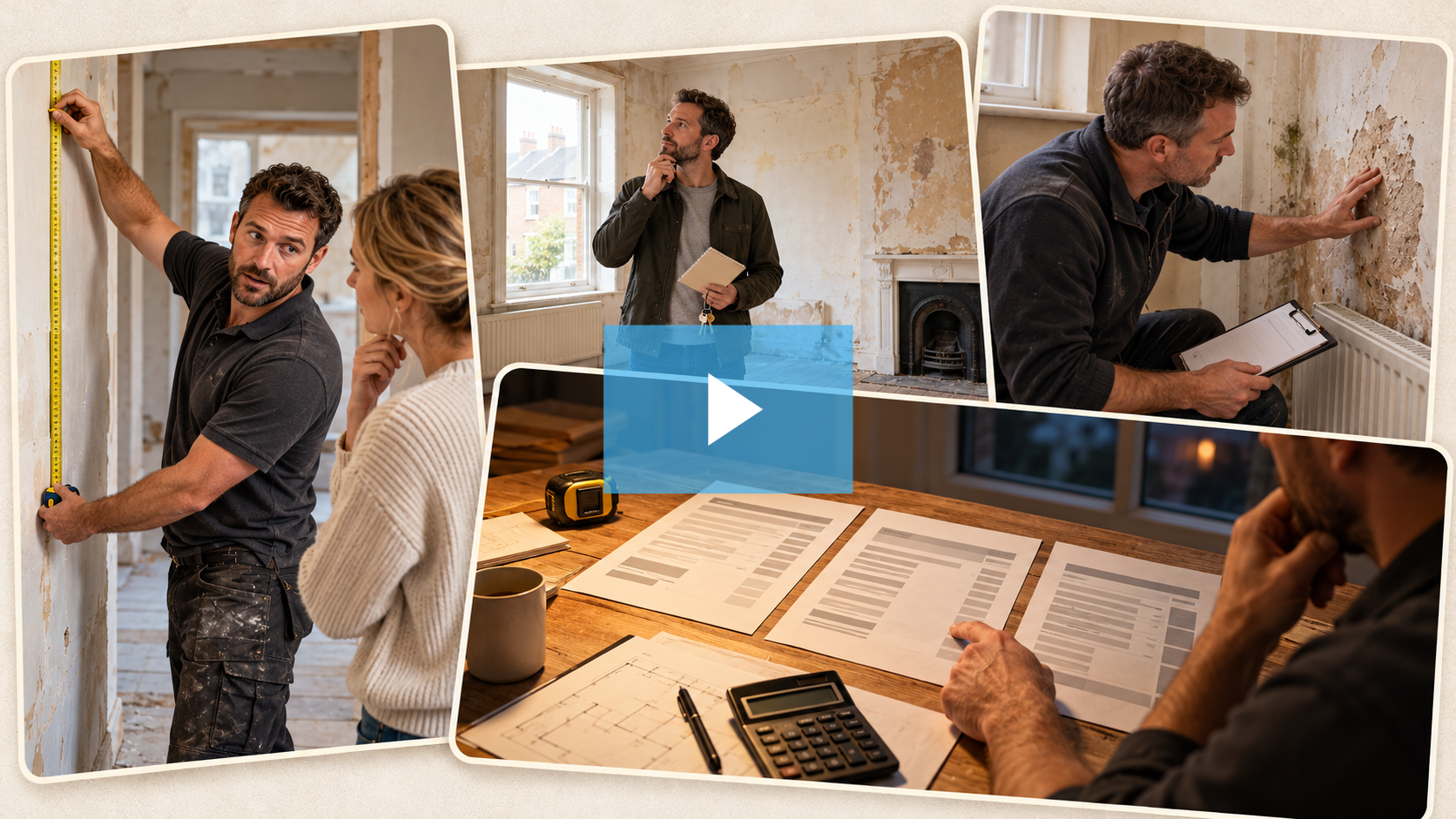 Measuring a room, viewing a property, inspecting repairs and comparing quotes